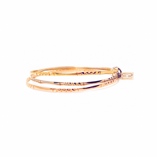 Yellow, Rose & White Gold 18Kt Vermeil Bangle Bracelet with Double Luck Charm