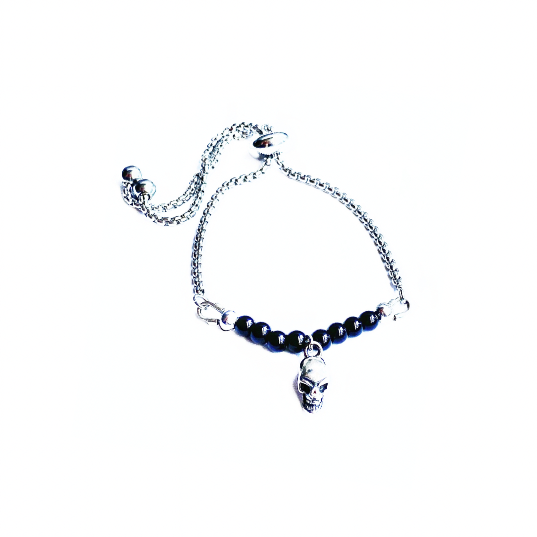 Silver-Plated Boho Bracelet with Silver Skull & Black Onyx Beads