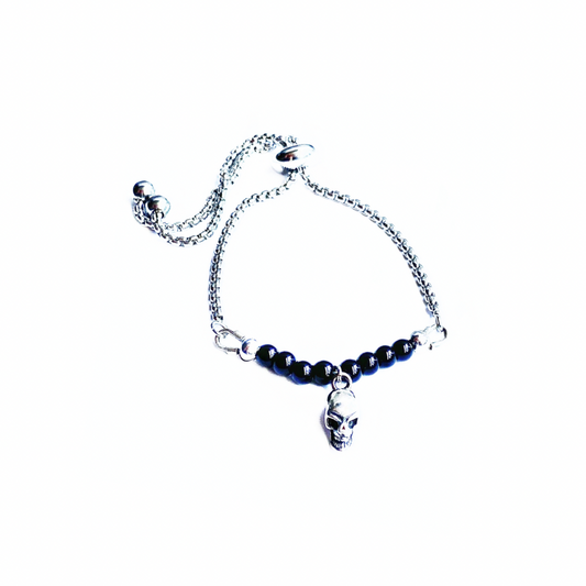 Silver-Plated Boho Bracelet with Silver Skull & Black Onyx Beads
