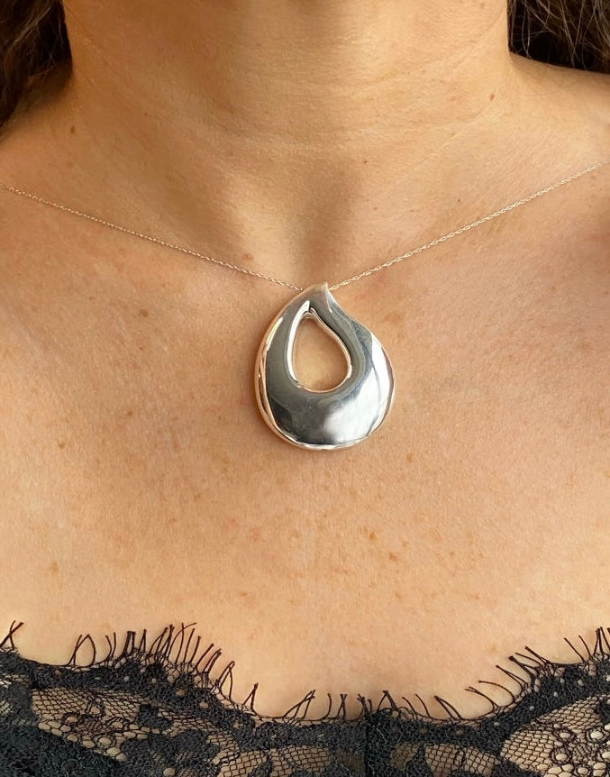 Sterling Silver Large Open Teardrop Pendant Necklace