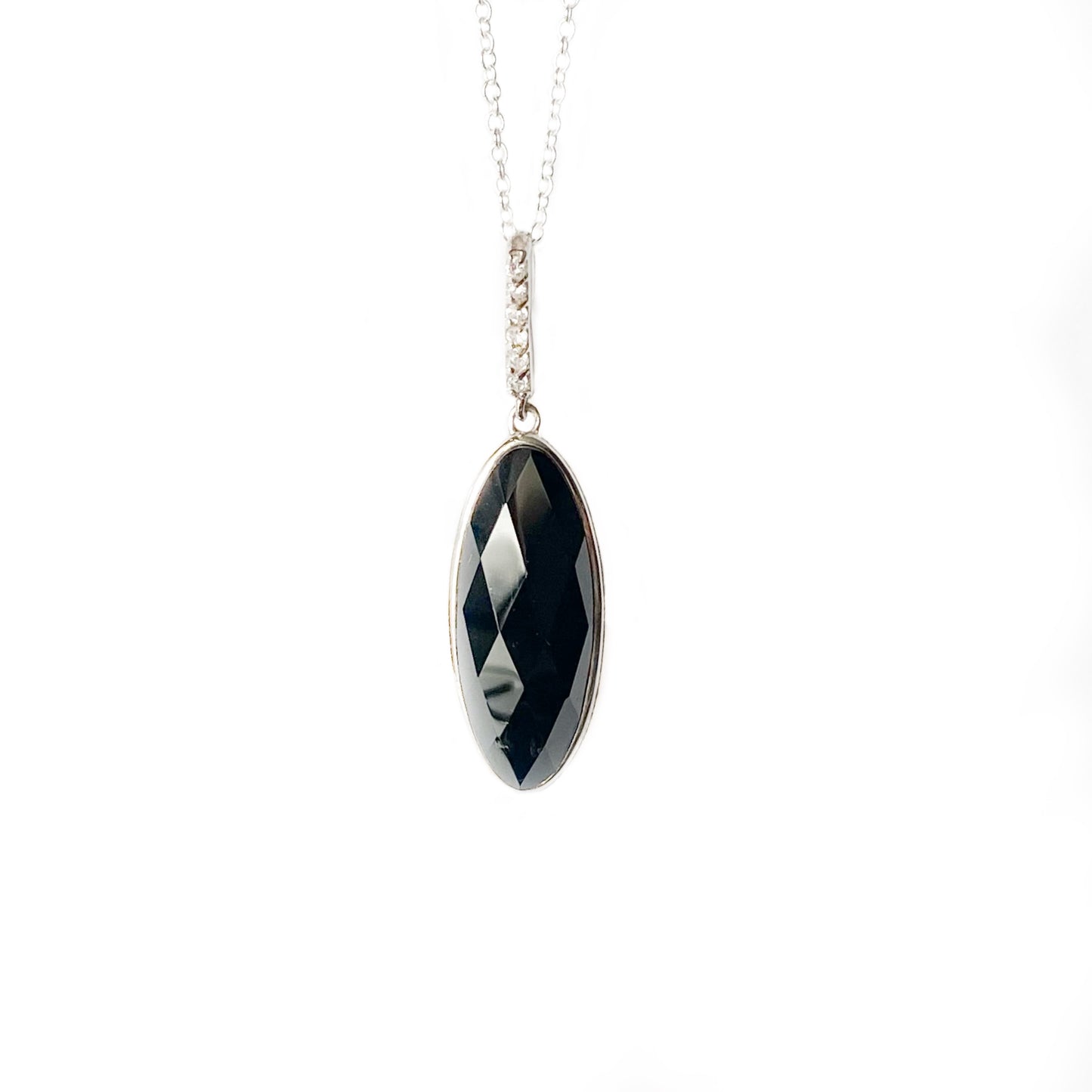 Sterling Silver & Onyx Marquise & CZ Necklace