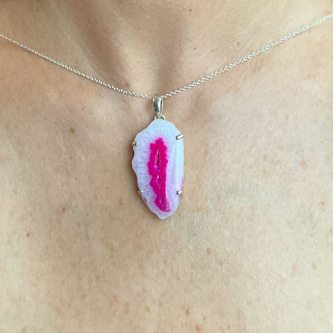 Sterling Silver Fuchsia & White Geode Pendant Necklace