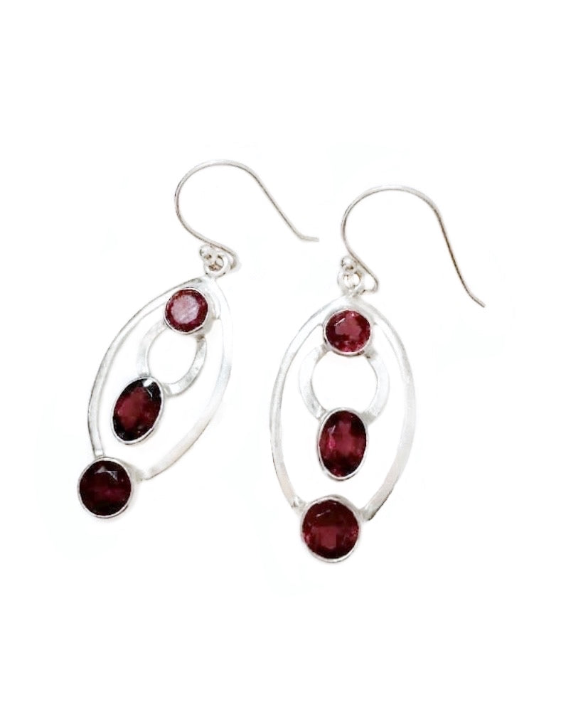 Sterling Silver & Garnet Oblong Earrings