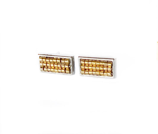 Gold-plated Hand Beaded Rectangular Stud Earrings