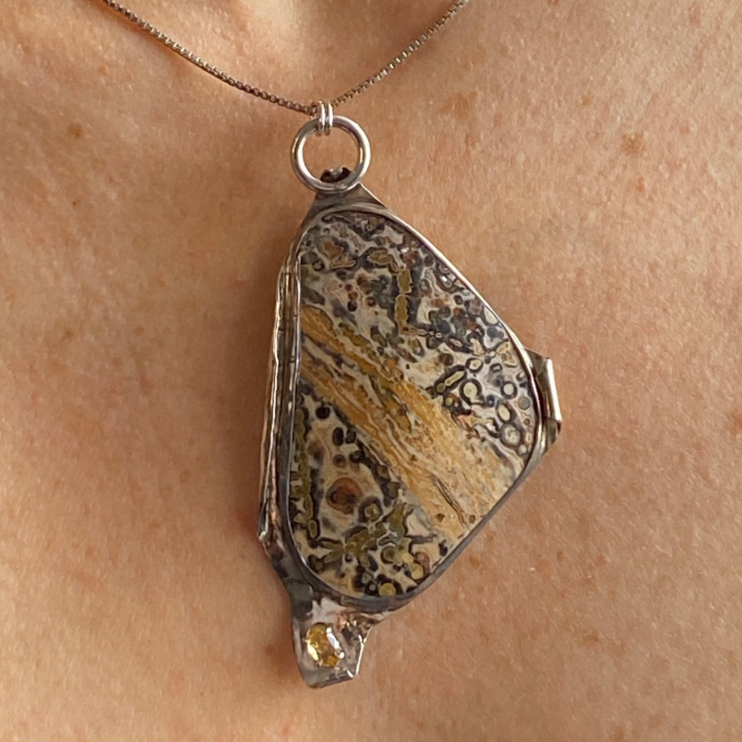 Ocean Jasper, Citrine, Sterling Silver Etched Gryphon Necklace