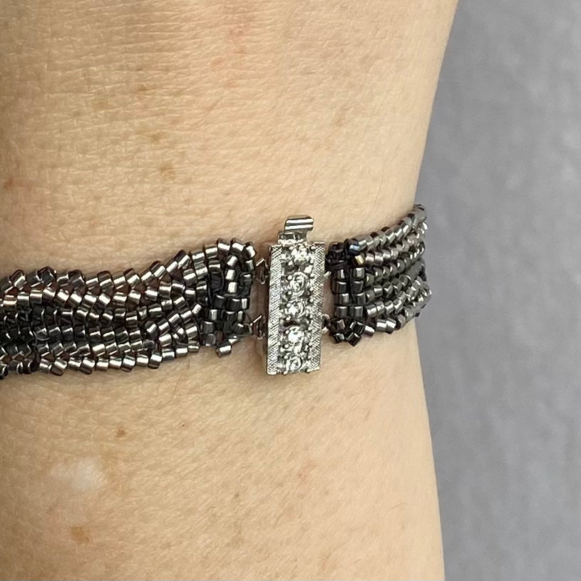 Silver Gunmetal Herringbone “Intertwined” Hand-Beaded Bracelet