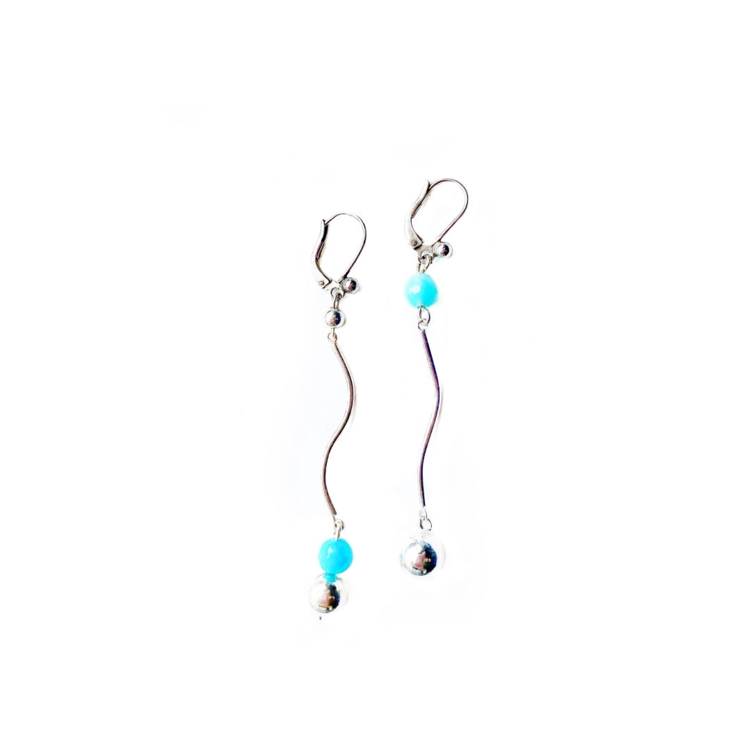 Sterling Silver Wavy Line Earrings with Blue Agate & Silver Ball Dangle