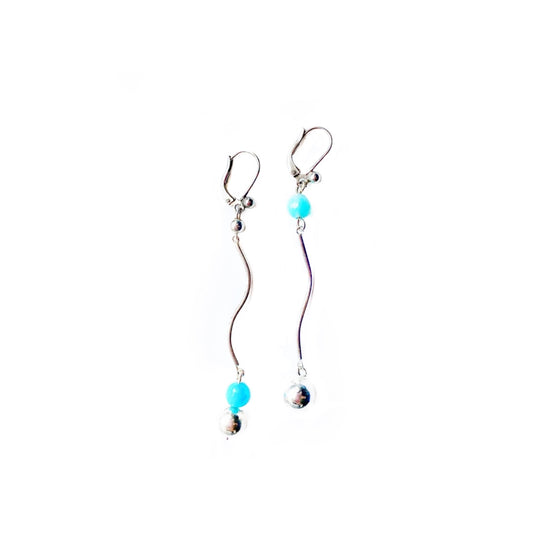 Sterling Silver Wavy Line Earrings with Blue Agate & Silver Ball Dangle