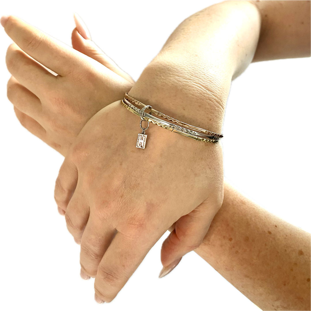 Yellow, Rose & White Gold 18Kt Vermeil Bangle Bracelet with Double Luck Charm