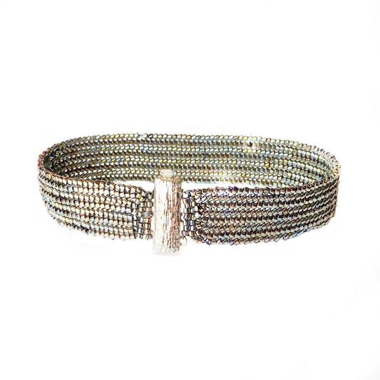 Gunmetal Silver Hand-Beaded Bracelet in Herringbone Design
