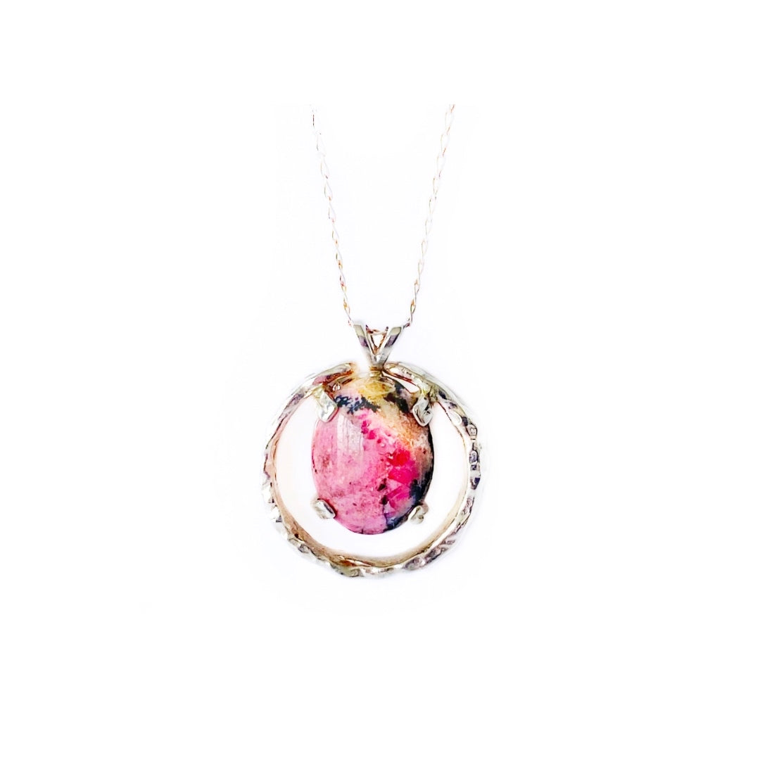 Sterling Silver Organic Pendant & Rare Pink Rhodonite Cabochon
