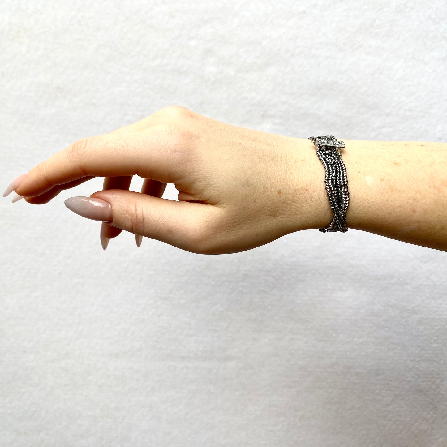 Silver Gunmetal Herringbone “Intertwined” Hand-Beaded Bracelet