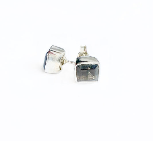 Sterling Silver Stud Earrings With Square Smokey Topaz Bezel