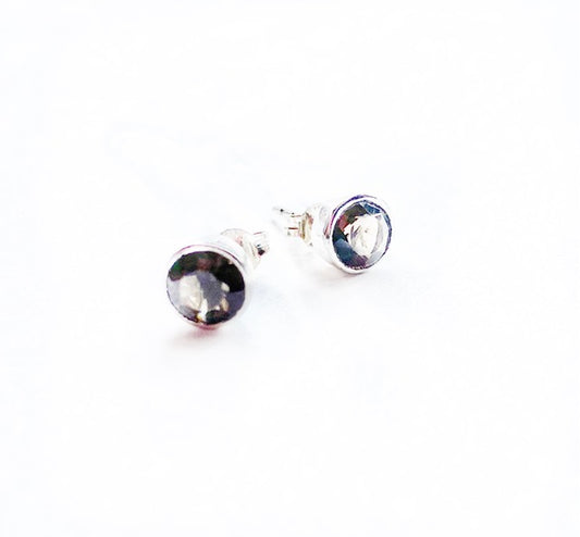 Sterling Silver Stud Earrings With Raised Round Smokey Topaz Bezel