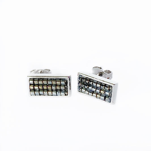 Dark Metallic Hand-Beaded Rectangular Stud Earrings SP