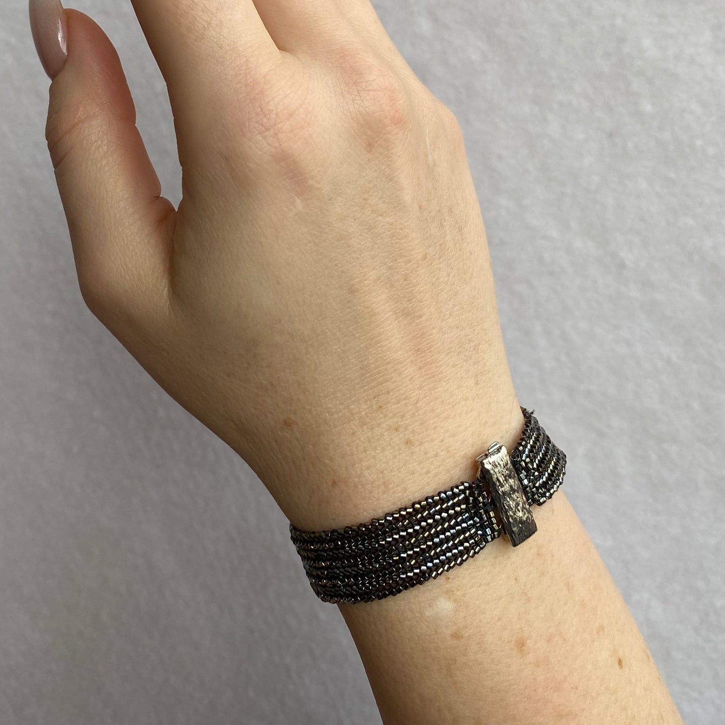Gunmetal Silver Hand-Beaded Bracelet in Herringbone Design
