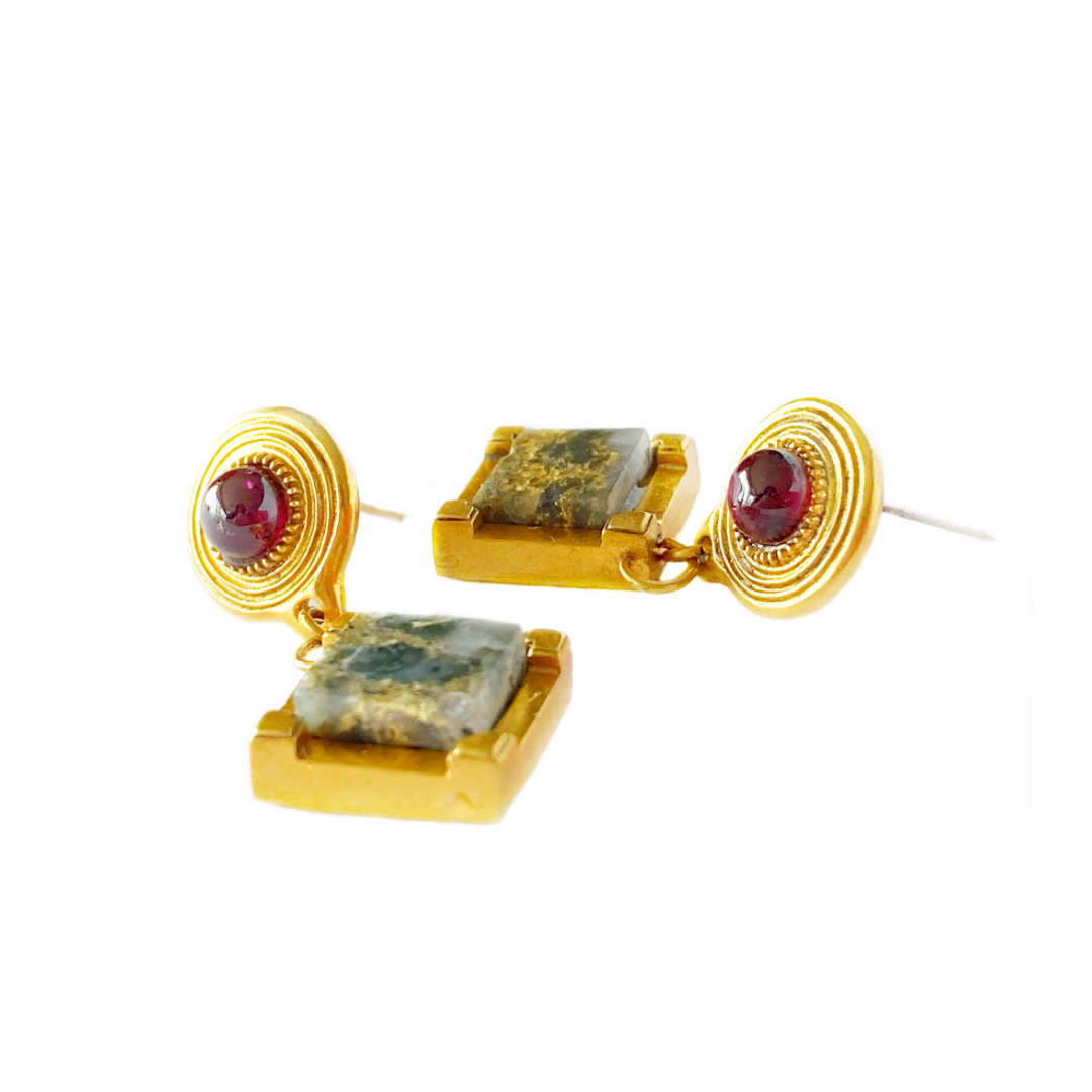 Gold 18K Vermeil Garnet & Gemstone Square Stud Empire Earrings