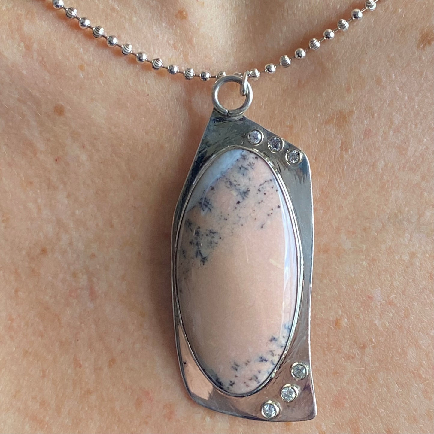 Pink Opal, CZ, Sterling Silver Etched Tiger Necklace