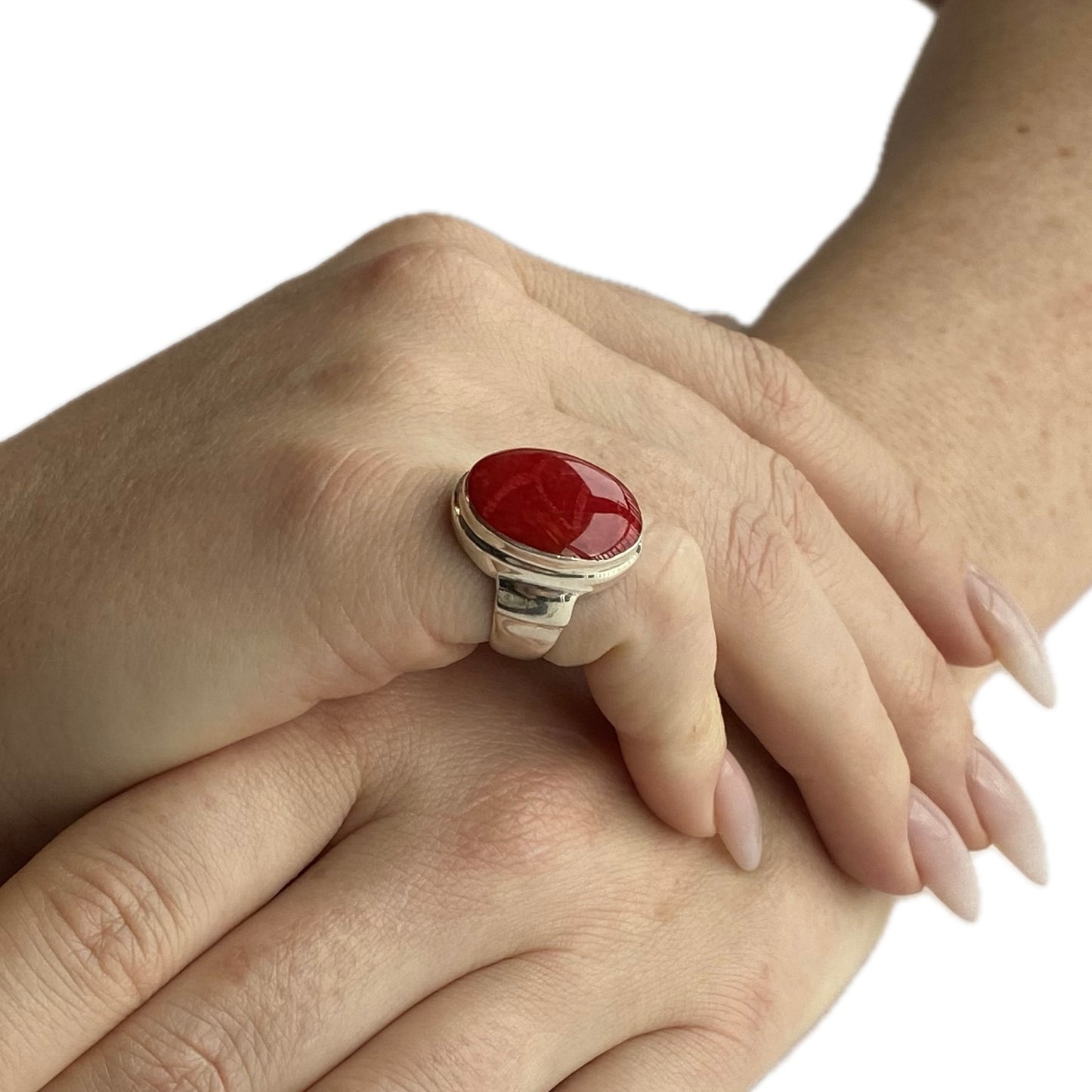 Silver & Red Sponge Coral Ring