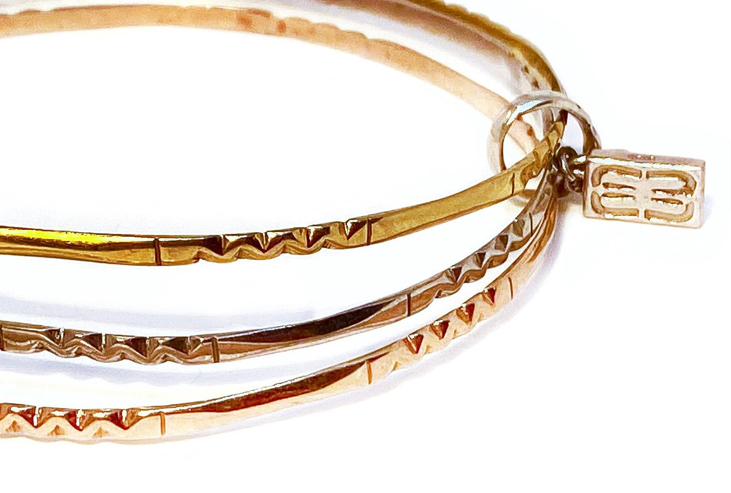 Yellow, Rose & White Gold 18Kt Vermeil Bangle Bracelet with Double Luck Charm
