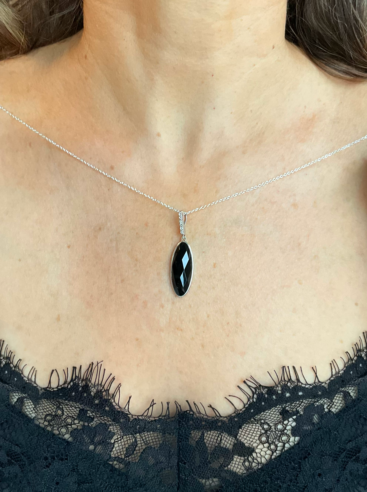 Sterling Silver & Onyx Marquise & CZ Necklace