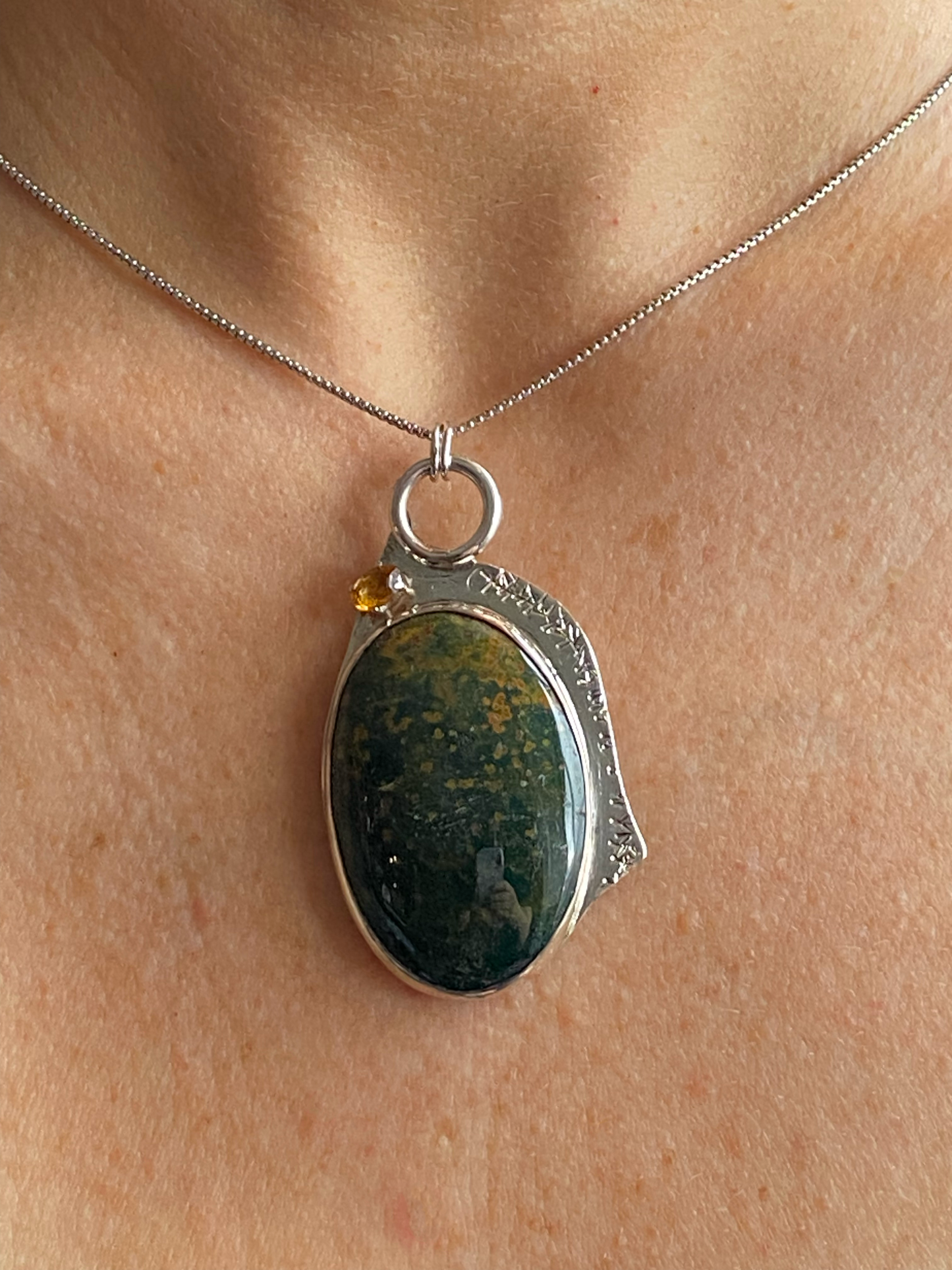 Agatized Jasper Bloodstone, Citrine, Sterling Silver Etched Zebra Necklace