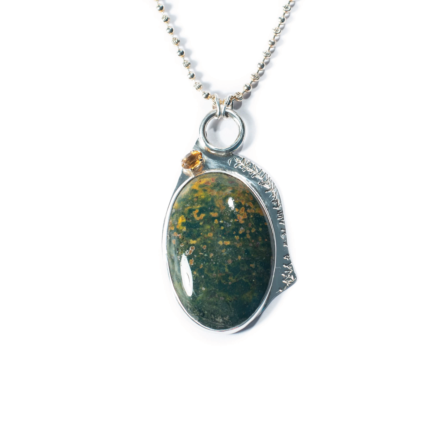 Agatized Jasper Bloodstone, Citrine, Sterling Silver Etched Necklace