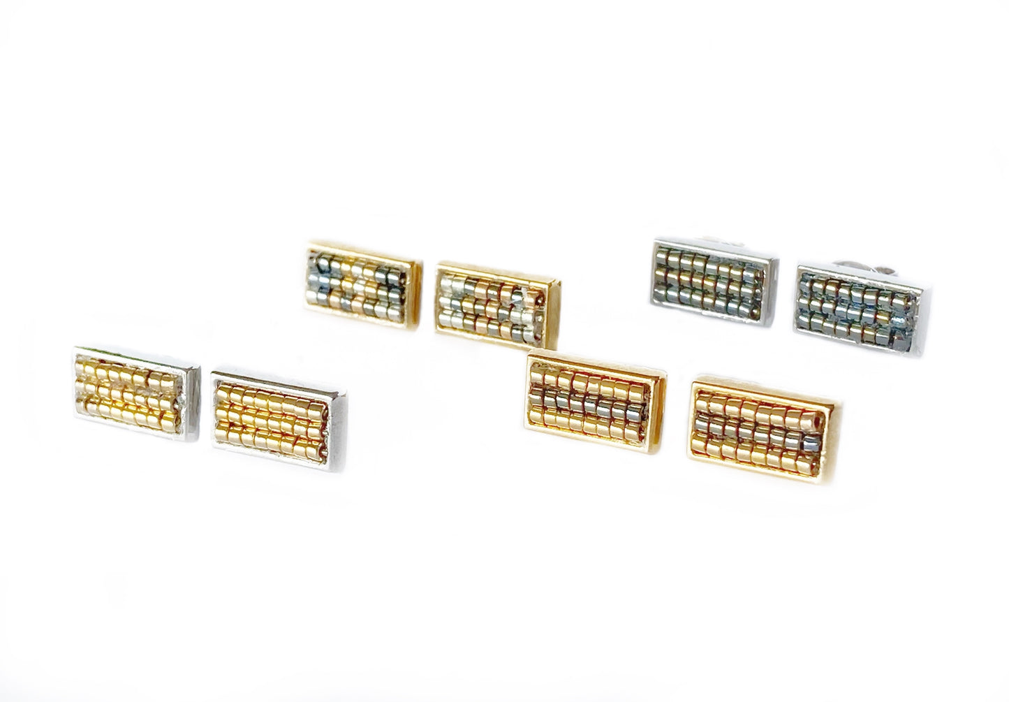 Gold-plated Hand Beaded Rectangular Stud Earrings