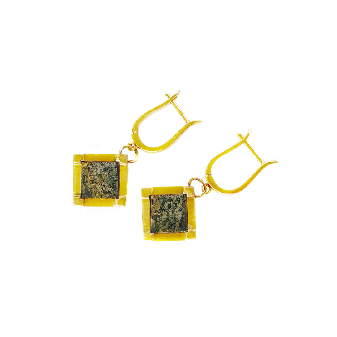 Gold 18K Vermeil Empire Square Earrings w Gemstone