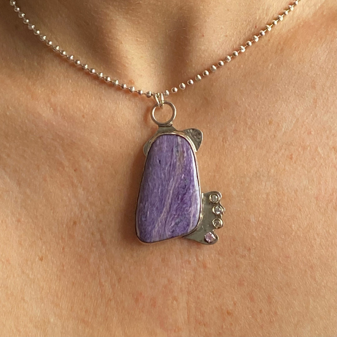 Charoite, Amethyst, CZ, Sterling Silver Etched Tiger Pelt Necklace