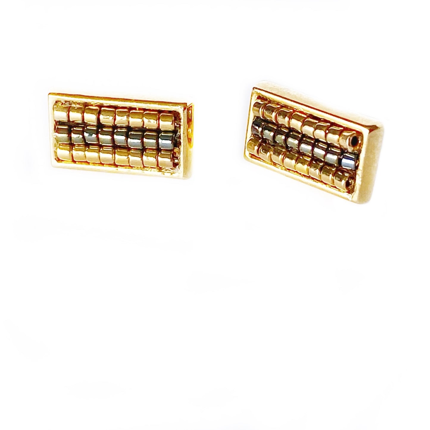 Gold & Dark Metallic Hand-Beaded Rectangular Stud Earrings GP
