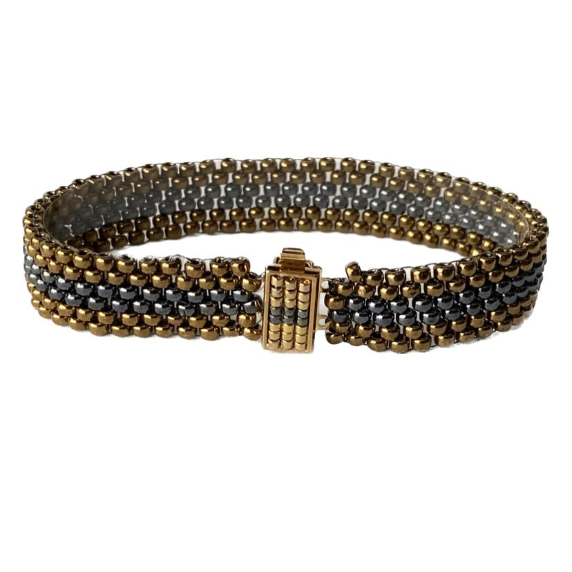 Brass|Indigo|Brass 6” Hand-Woven Bracelet Miyuki Beads & Beaded SP Clasp- 15mm