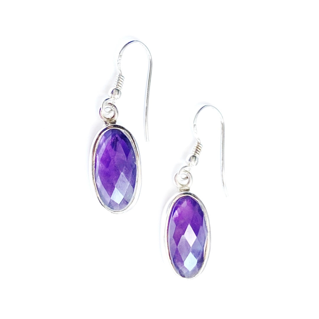 Sterling Silver & Purple Amethyst Oblong Earrings
