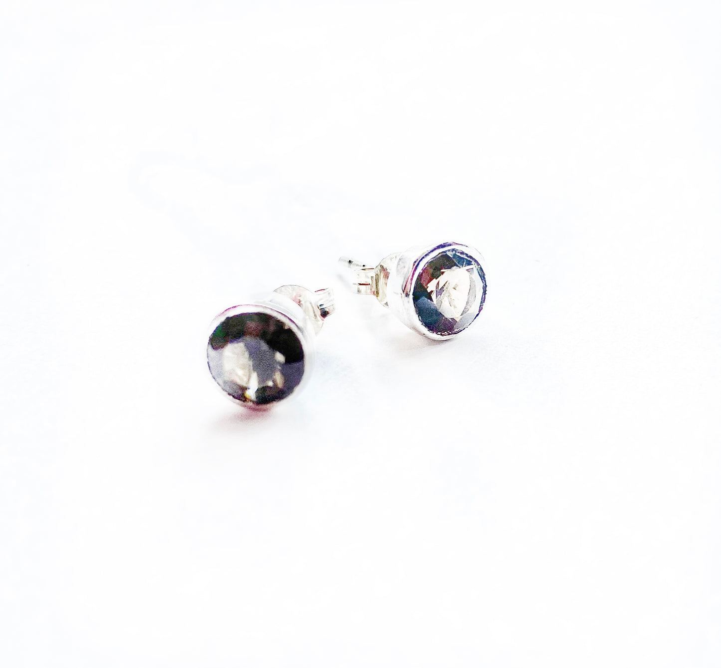 Sterling Silver Stud Earrings With Small Round Smokey Topaz Bezel