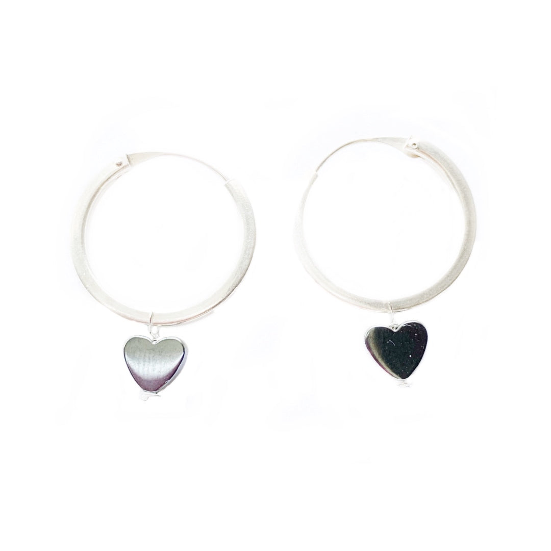 Sterling Silver Hoop & Hematite Hearts Earrings