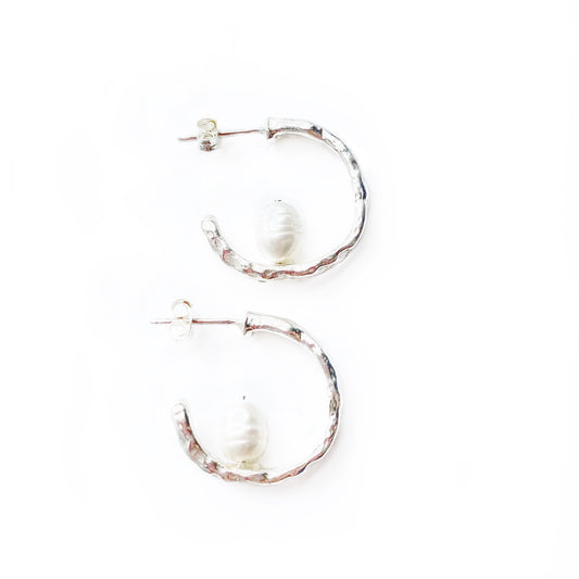Sterling Silver Organic Stud Hoop Earrings & Pearls Up