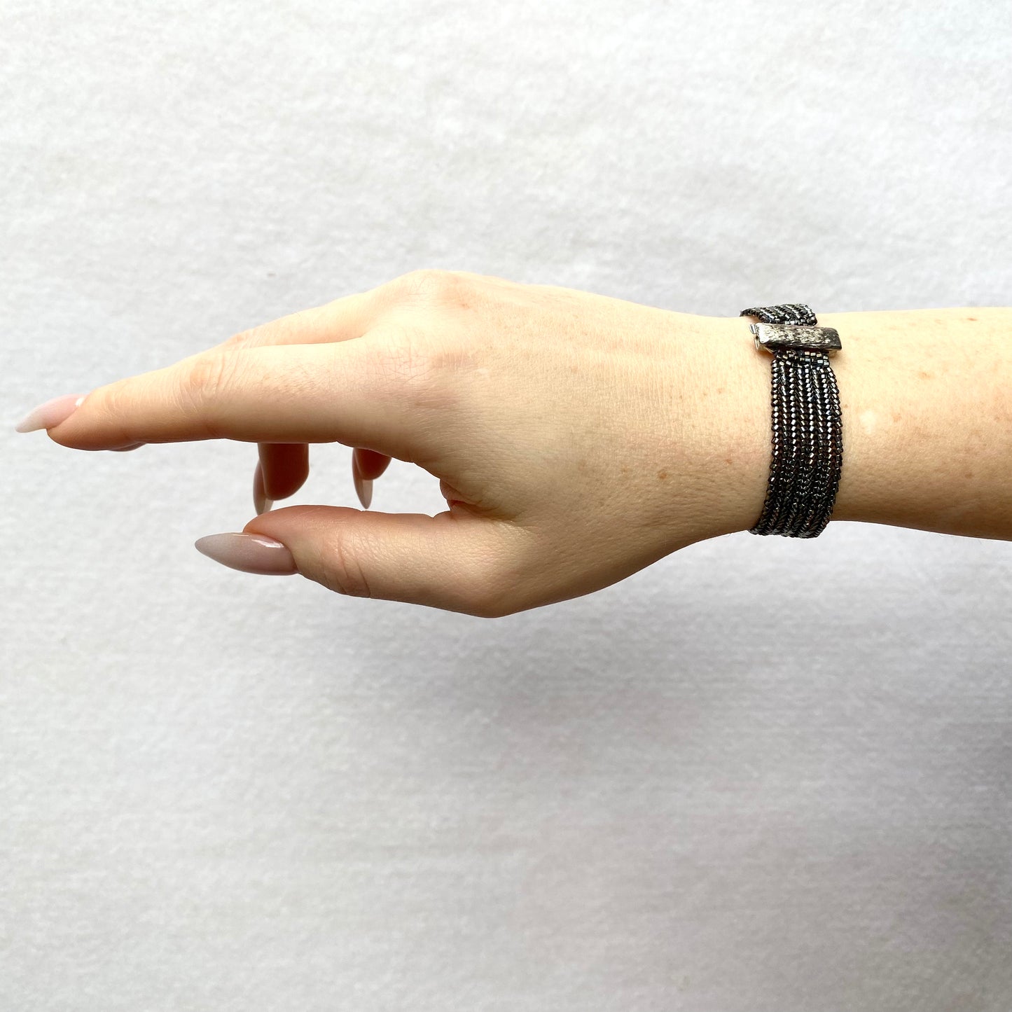 Gunmetal Silver Hand-Beaded Bracelet in Herringbone Design