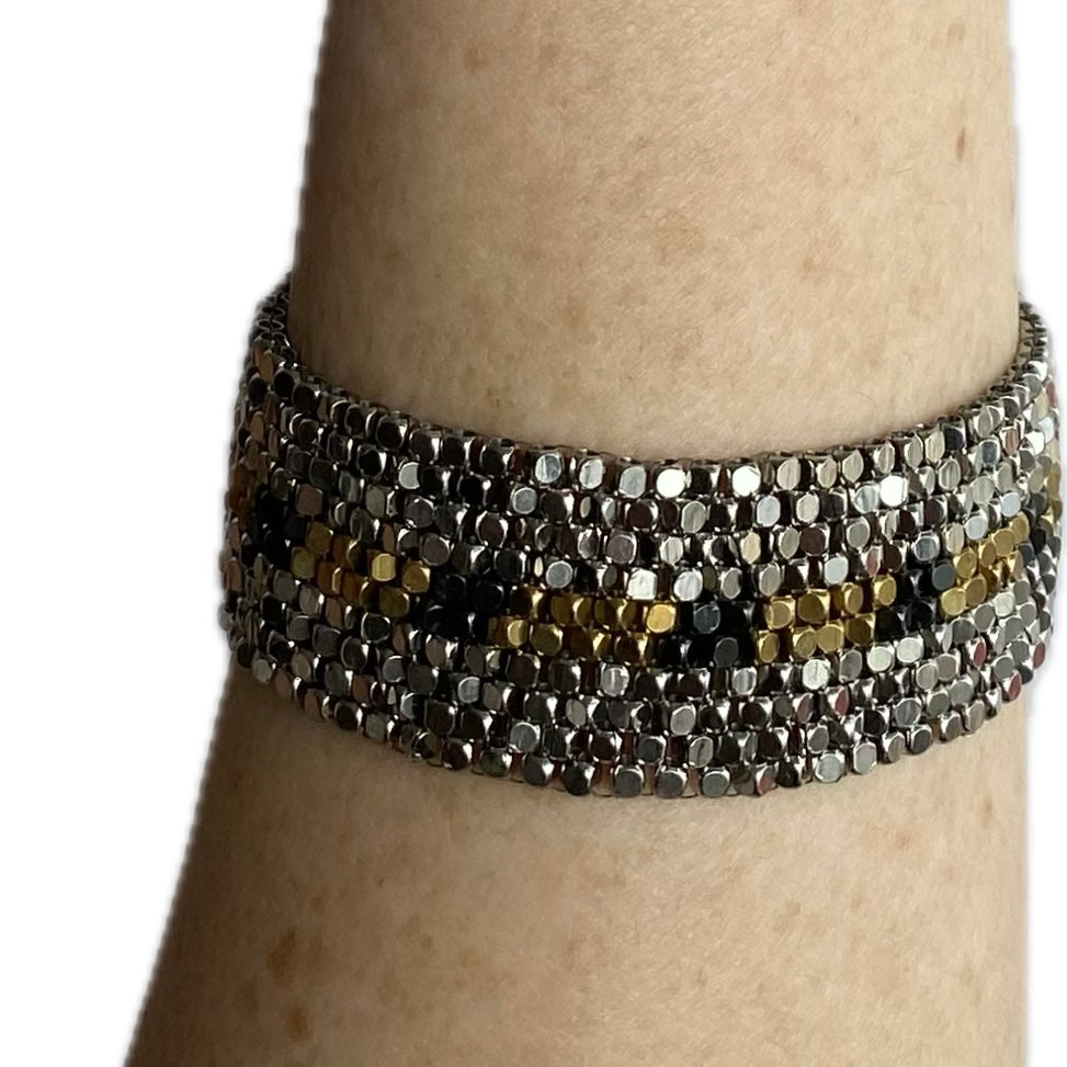 Goldite & Pyrite Hand-Woven Floral Strip Bracelet