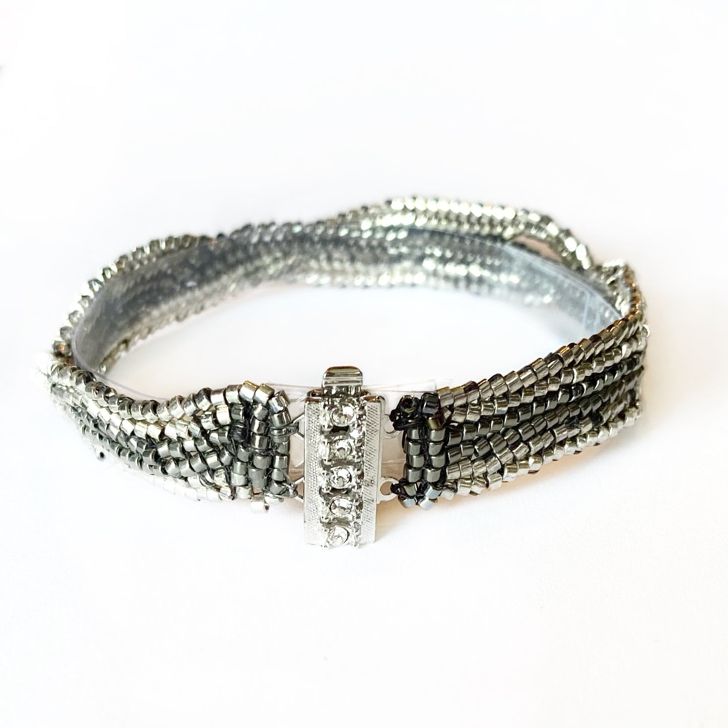 Silver Gunmetal Herringbone “Intertwined” Hand-Beaded Bracelet