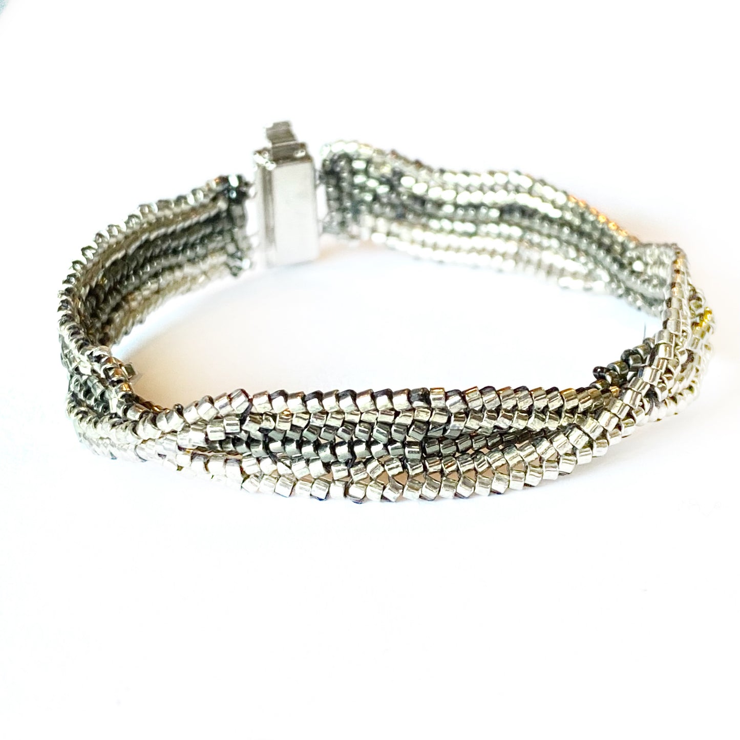 Silver Gunmetal Herringbone “Intertwined” Hand-Beaded Bracelet