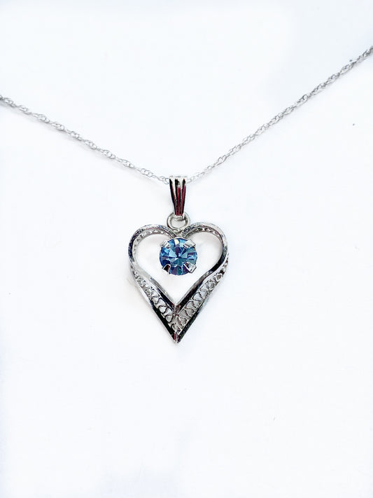 Sterling Silver Open Heart  & Blue Topaz Pendant Necklace