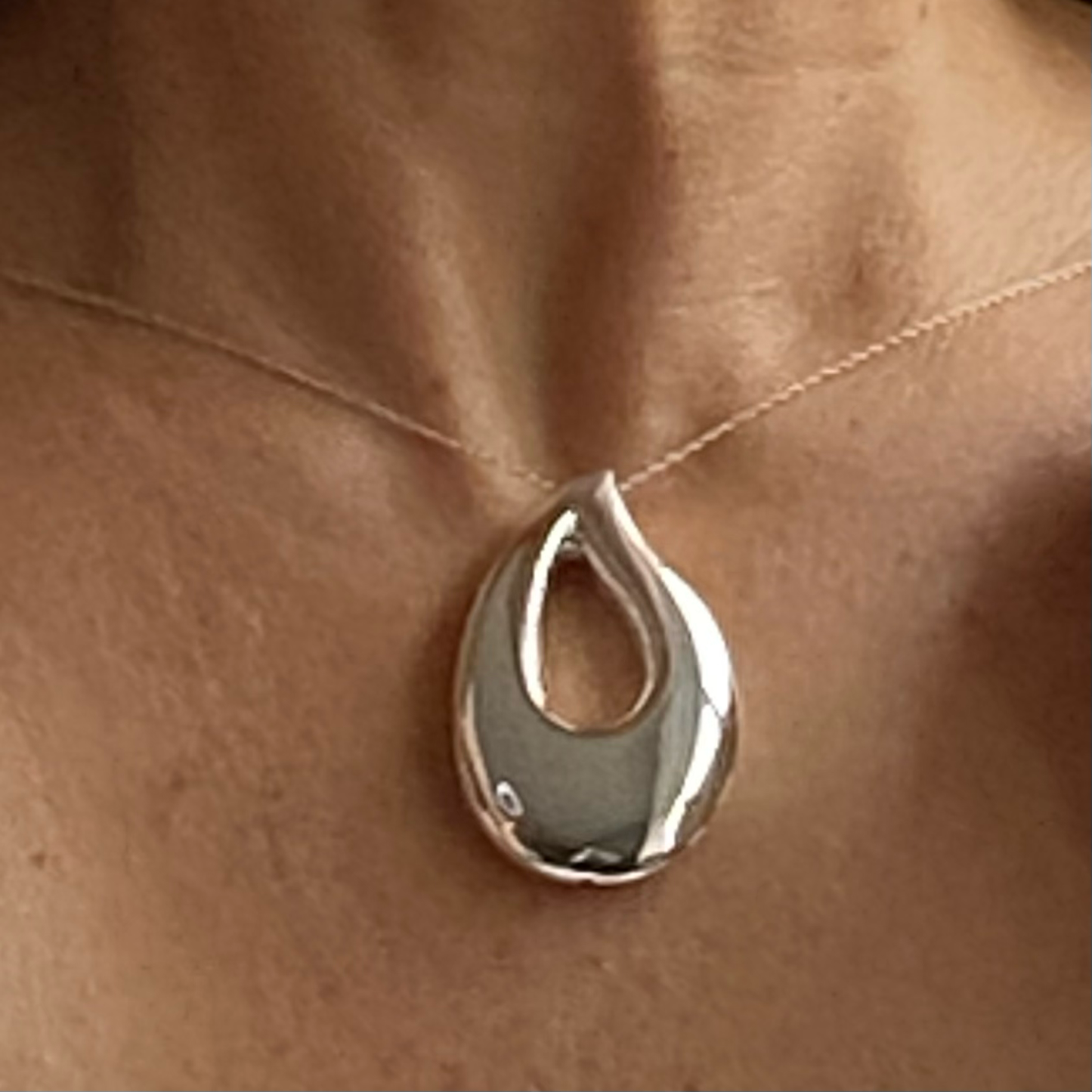 Sterling Silver Large Open Teardrop Pendant Necklace