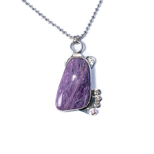 Charoite, Amethyst, CZ, Sterling Silver Etched Necklace
