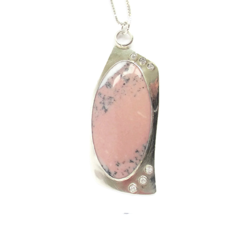 Pink Opal, CZ, Sterling Silver Etched Necklace