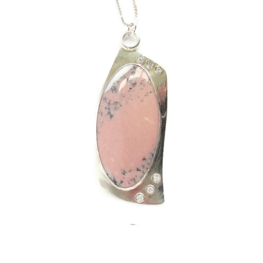 Pink Opal, CZ, Sterling Silver Etched Necklace