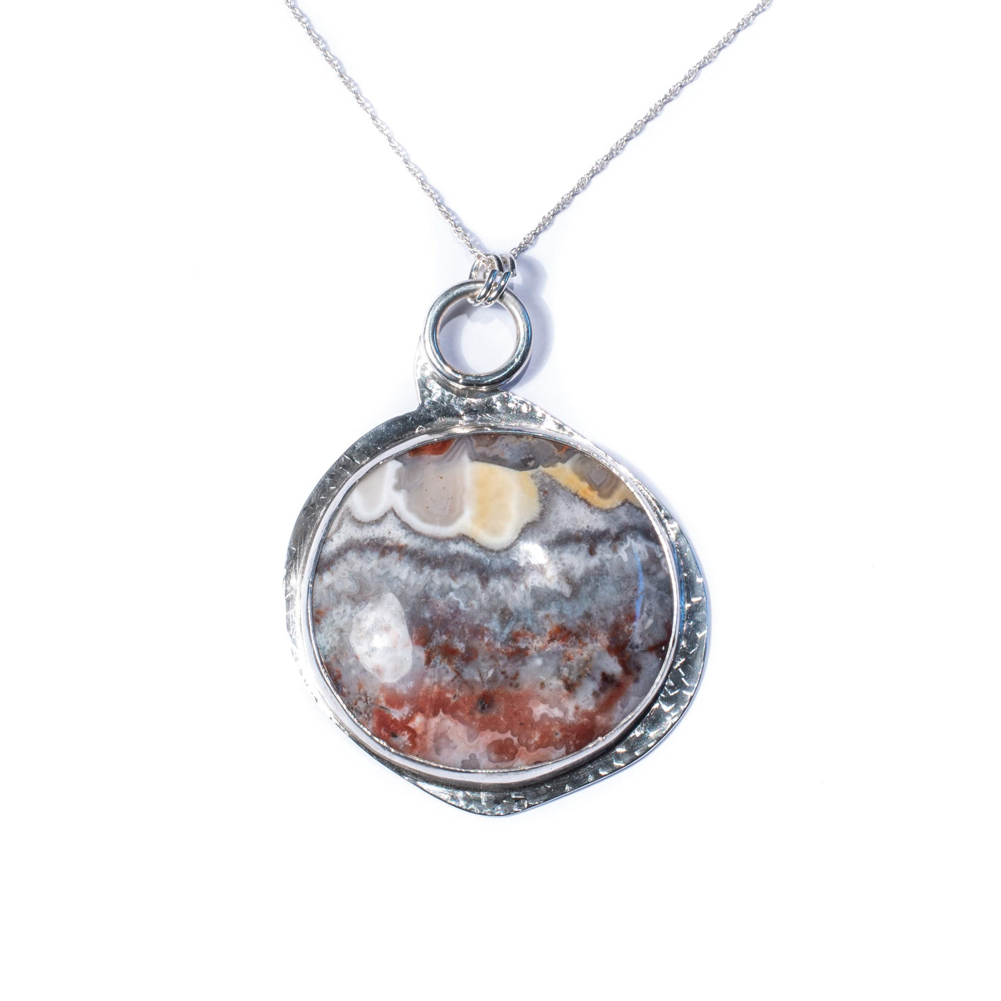 Crazy Lace Agate, Sterling Silver Etched Necklace